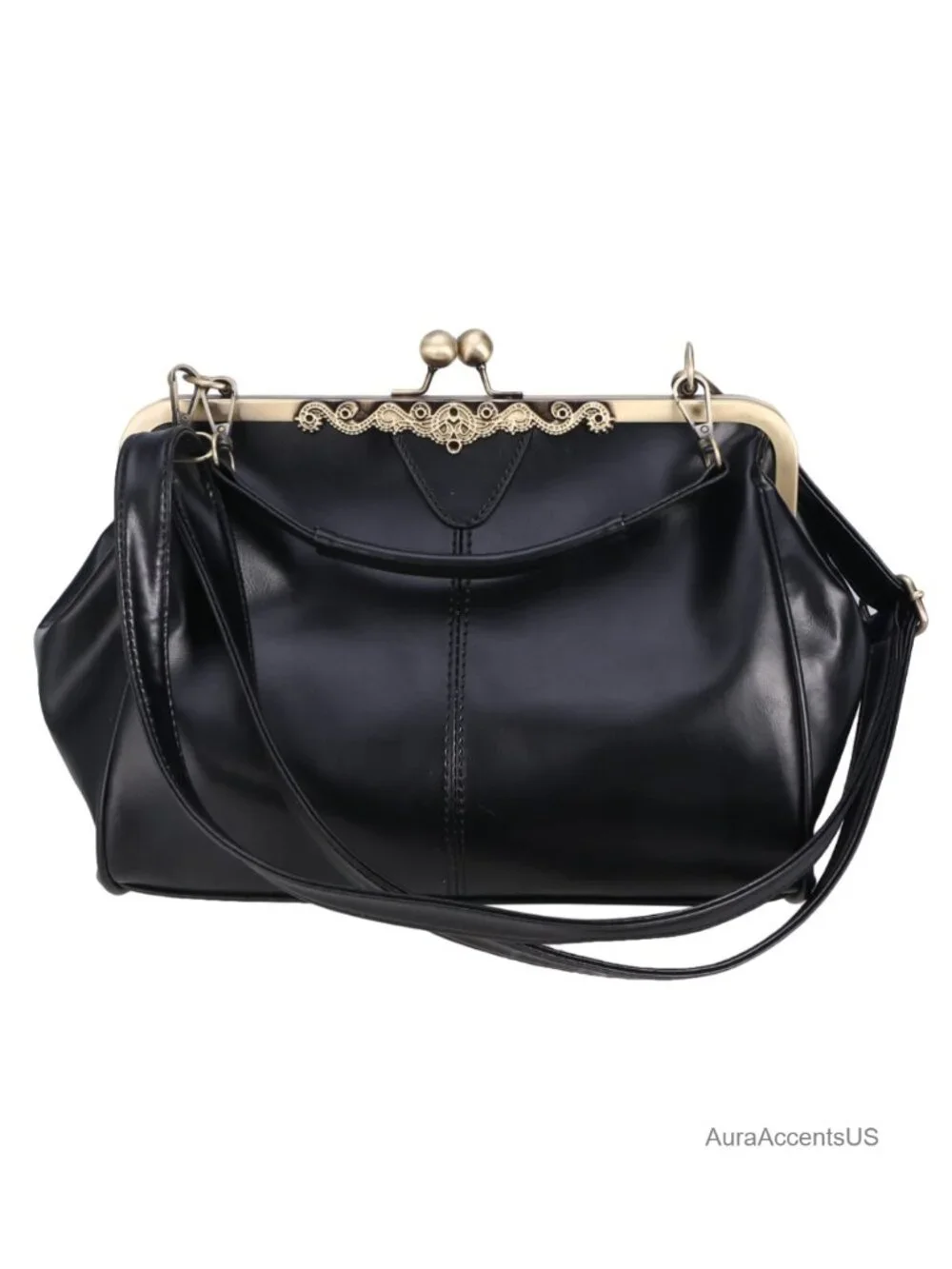 Vintage Kiss Lock Clutch Faux Leather Shoulder Bag Evening Purse
